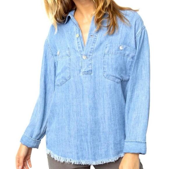 Rails Chambray Fringe Raw Hem Bowery Shirt Casual Oversized Large Long Sleeve - Picture 1 of 11